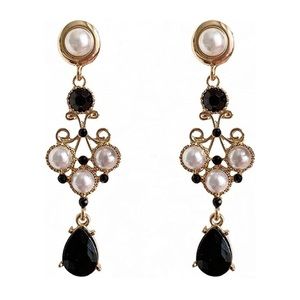 Vintage Black Pearl Teardrop Chandelier Long Dangle Earrings